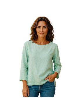 Eileen Fisher 100% Organic Linen Blouse Mint Green Size XXS Minimalist Coastal